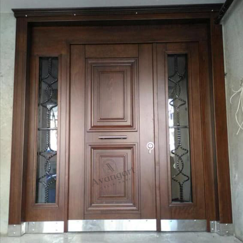 Aynalı Kahverengi Ahşap Villa Kapısı AVNG-004