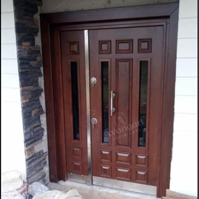Detaylı Kahverengi Ahşap Apartman Kapısı AVGN-659