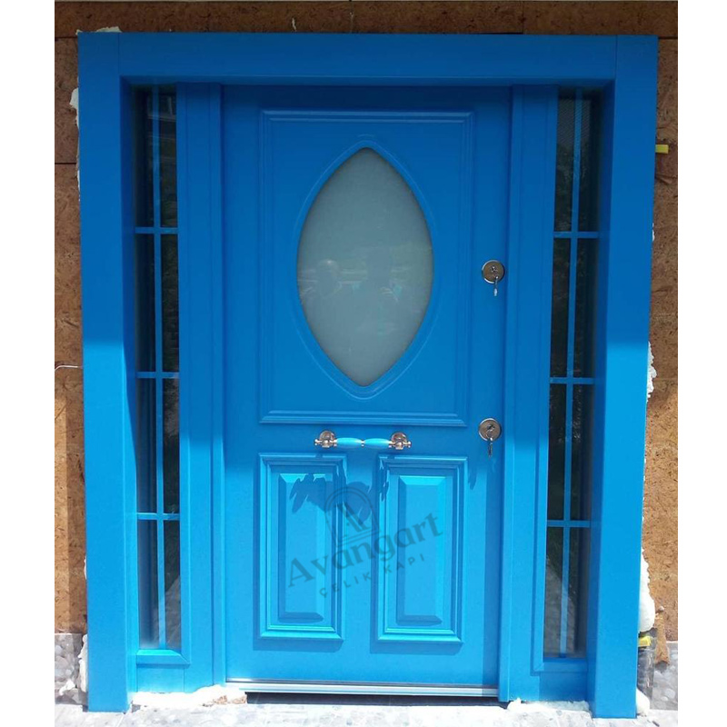Mavi Cam Detay Ahşap Apartman Kapısı AVGN-686