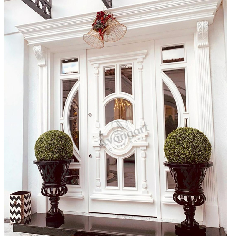 Beyaz Cam Detay Ahşap Apartman Kapısı AVGN-687